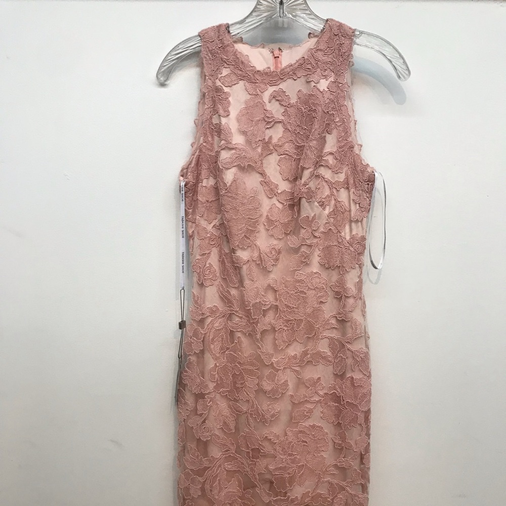 Tadashi Shoji peach pink floral lace midi dress